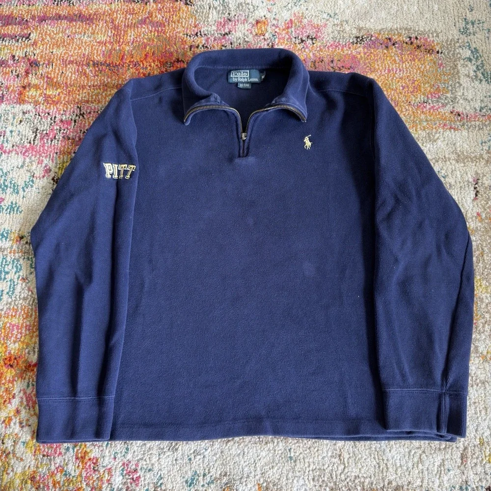 Vintage Polo Ralph Lauren Pitt Panthers 1/4 Zip Pullover Medium Navy Blue